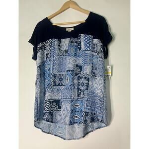NWT Style & Co Print Blouse Size M Navy Blue White Boho Top Pocket Tunic